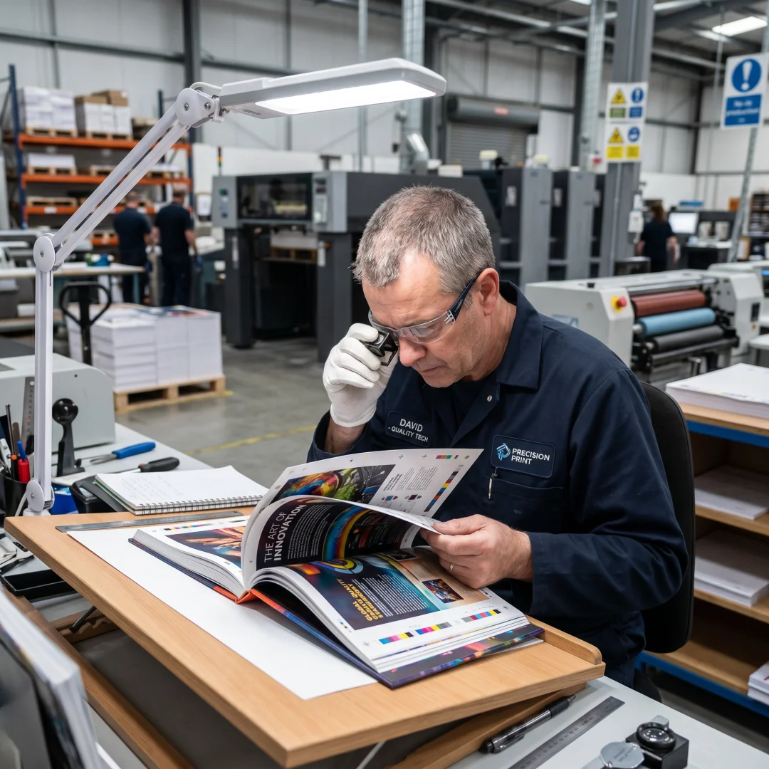 Printing master inspecting book quality
