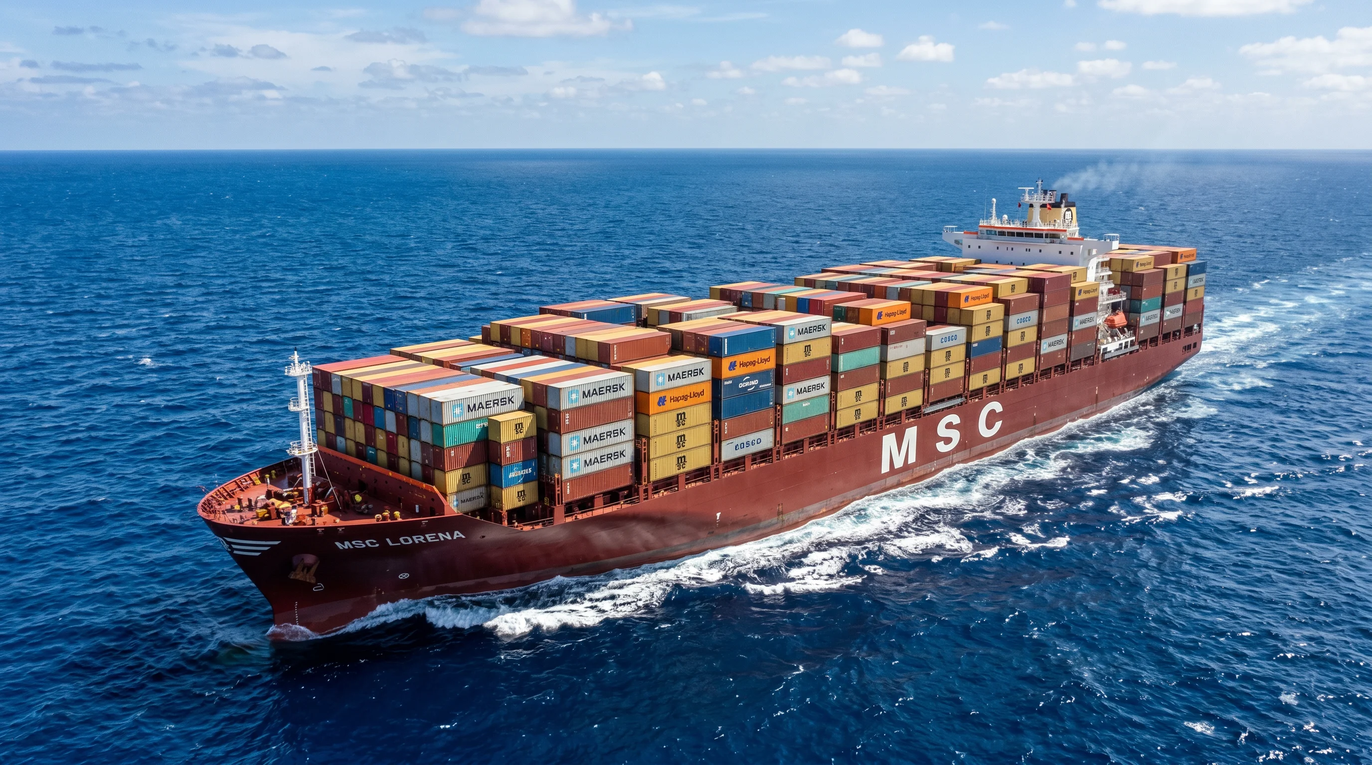 Shipping containers loaded onto cargo ship at sea